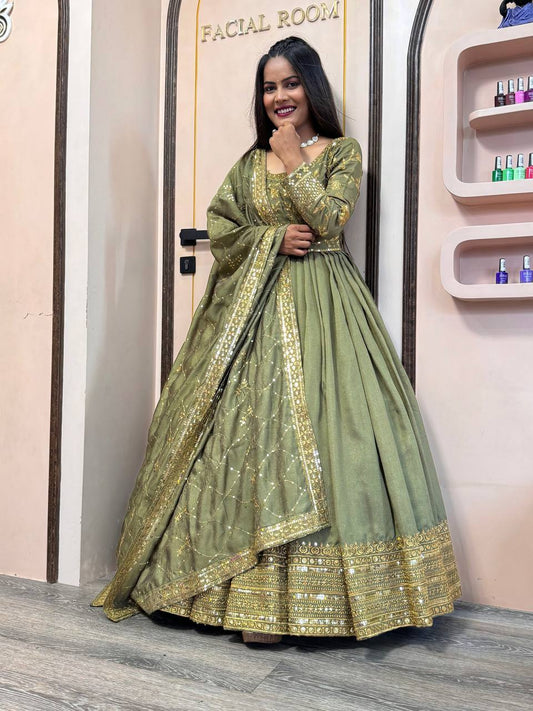 Graceful Floor-Length Ensemble with Sequin-Stitched Shimmer Silk Gown and Coordinated Dupatta - Jaipuri Vastra