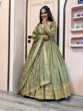 Graceful Floor-Length Ensemble with Sequin-Stitched Shimmer Silk Gown and Coordinated Dupatta - Jaipuri Vastra