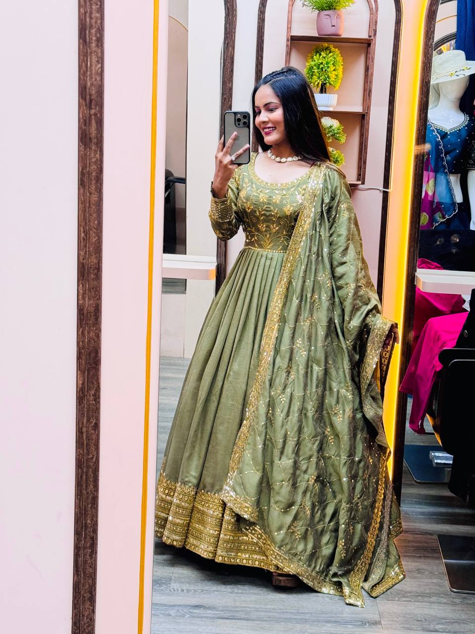 Graceful Floor-Length Ensemble with Sequin-Stitched Shimmer Silk Gown and Coordinated Dupatta - Jaipuri Vastra