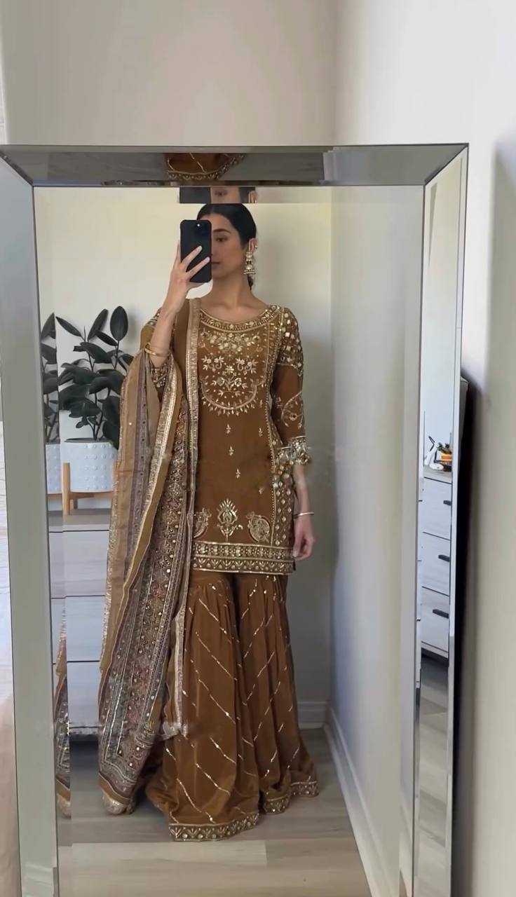 Elegant Brown Chinnon Silk Top-Plazzo & Dupatta Set with Heavy Embroidery - Jaipuri Vastra