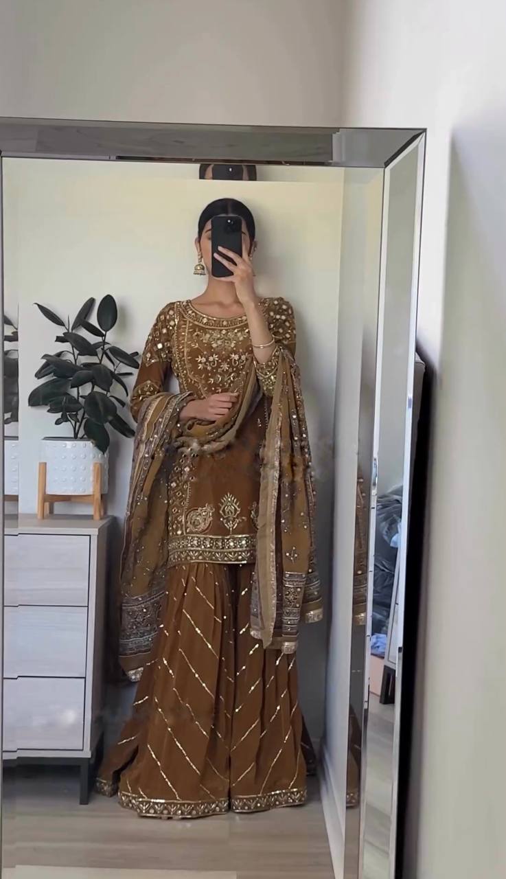 Elegant Brown Chinnon Silk Top-Plazzo & Dupatta Set with Heavy Embroidery - Jaipuri Vastra