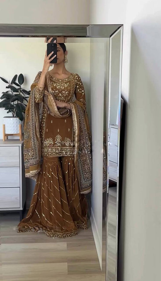 Elegant Brown Chinnon Silk Top-Plazzo & Dupatta Set with Heavy Embroidery - Jaipuri Vastra