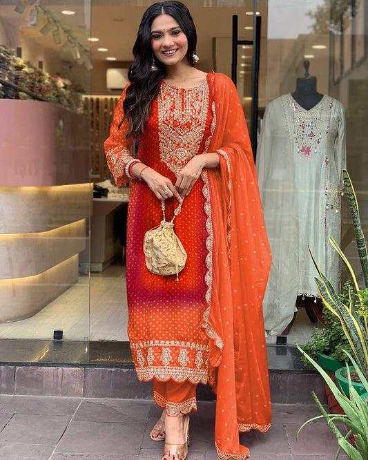 Elegant Pure Chinnon Top-Bottom Dupatta Set with Dori-Sequence Embroidery - Jaipuri Vastra