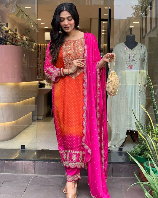 Elegant Pure Chinnon Top-Bottom Dupatta Set with Dori-Sequence Embroidery - Jaipuri Vastra