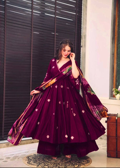Elegant Pure Chinnon Silk Gown and Dupatta Set with Heavy Sequence Embroidery Full Sleeve Detail Fully Stitched - Jaipuri Vastra