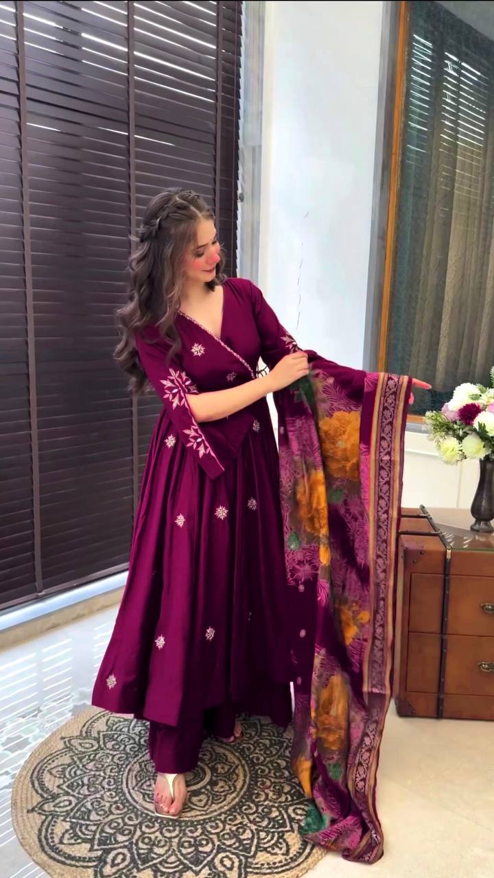 Elegant Pure Chinnon Silk Gown and Dupatta Set with Heavy Sequence Embroidery Full Sleeve Detail Fully Stitched - Jaipuri Vastra