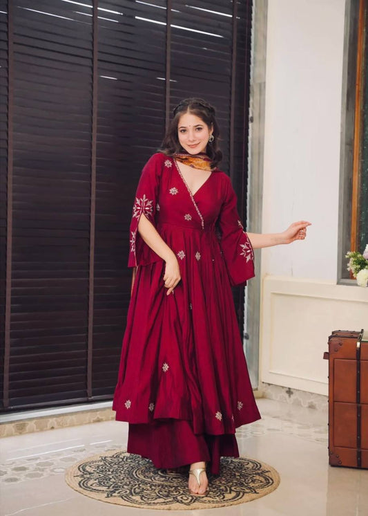 Elegant Pure Chinnon Silk Gown and Dupatta Set with Heavy Sequence Embroidery Full Sleeve Detail Fully Stitched - Jaipuri Vastra