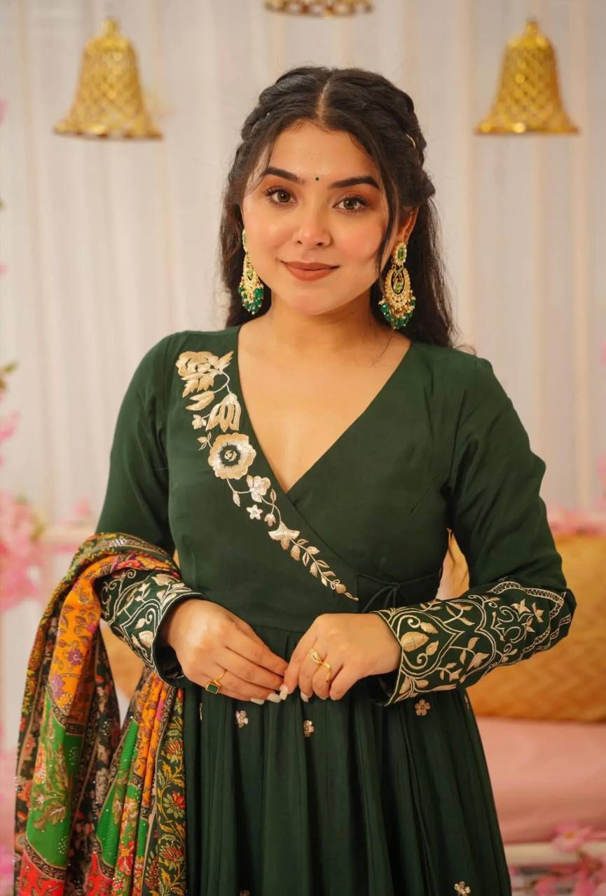 Designer Festival Ready Pure Chinnon Gown with Sequence Work and Coordinated Dupatta Set - Jaipuri Vastra