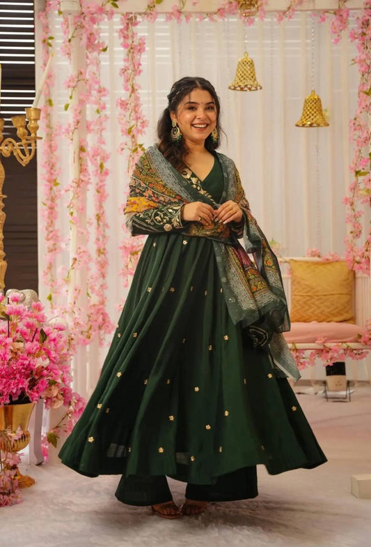 Designer Festival Ready Pure Chinnon Gown with Sequence Work and Coordinated Dupatta Set - Jaipuri Vastra