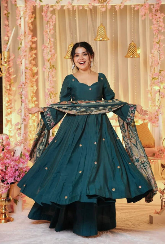 Ready-to-Wear Pure Chinnon Silk Gown with Embroidery Sequence Work and Coordinated Dupatta - Jaipuri Vastra