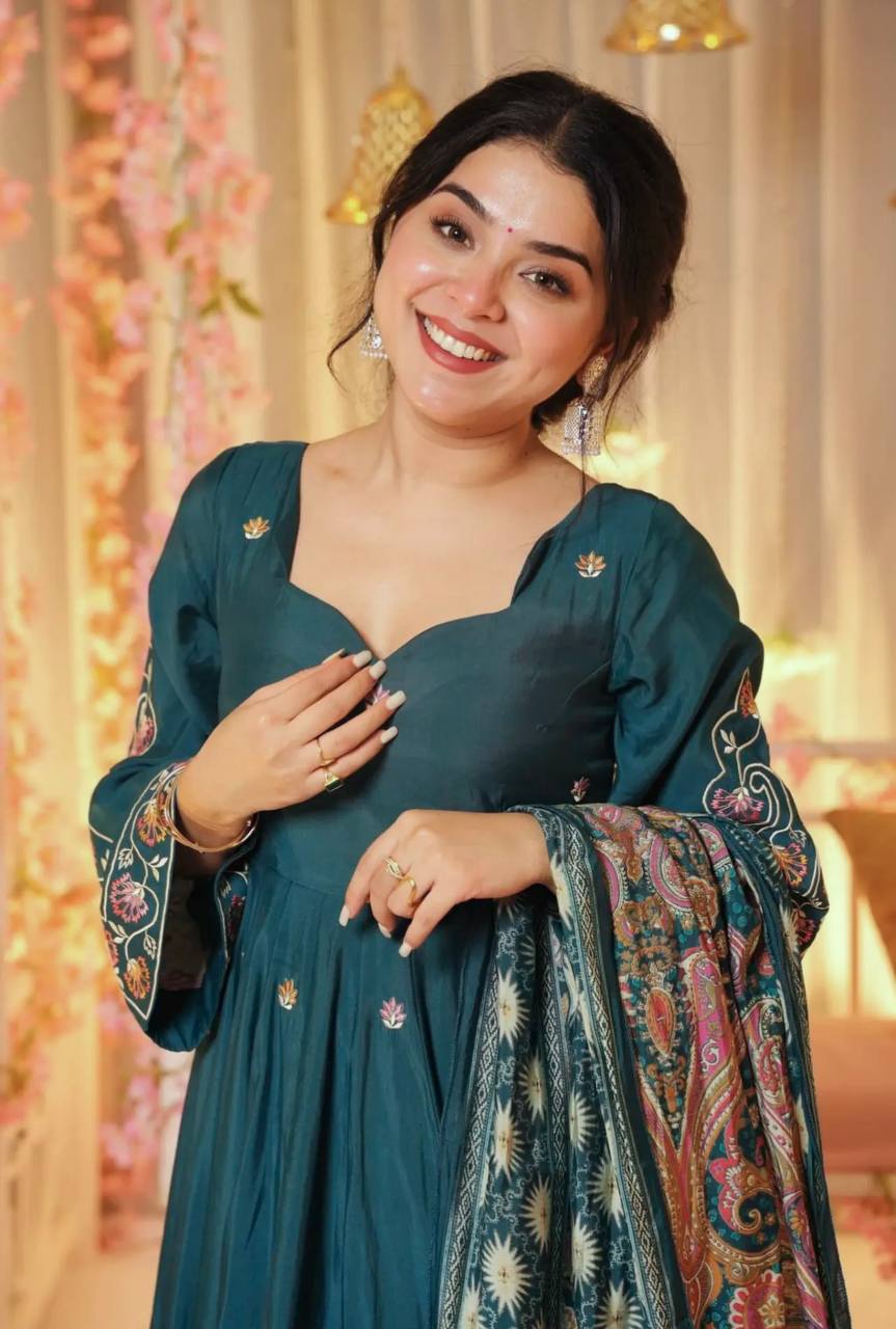 Ready-to-Wear Pure Chinnon Silk Gown with Embroidery Sequence Work and Coordinated Dupatta - Jaipuri Vastra
