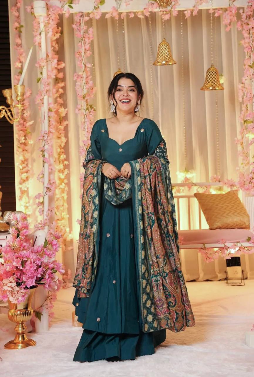 Ready-to-Wear Pure Chinnon Silk Gown with Embroidery Sequence Work and Coordinated Dupatta - Jaipuri Vastra