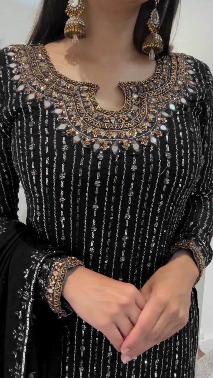 Designer Faux Georgette Top with Real Mirror, Sequins, and Latkan Work Pant and Dupatta Set - Jaipuri Vastra