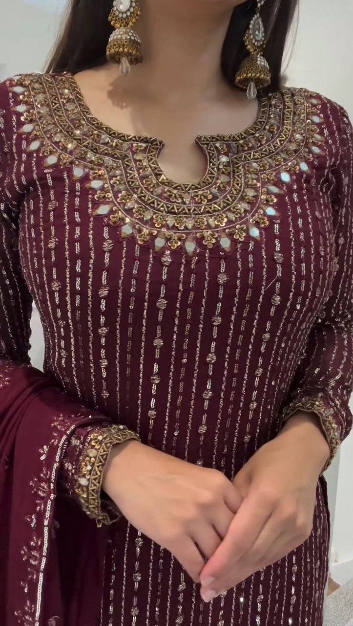 Designer Faux Georgette Top with Real Mirror, Sequins, and Latkan Work Pant and Dupatta Set - Jaipuri Vastra