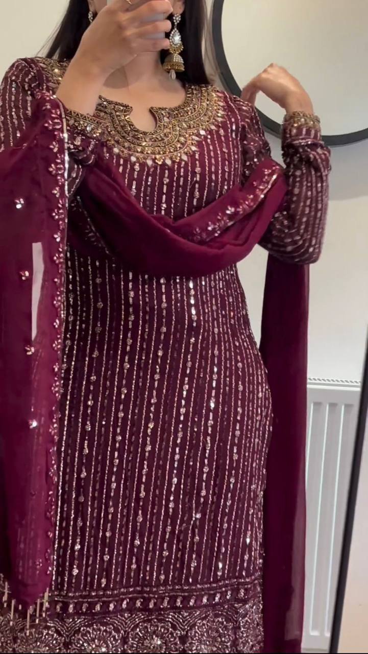 Designer Faux Georgette Top with Real Mirror, Sequins, and Latkan Work Pant and Dupatta Set - Jaipuri Vastra