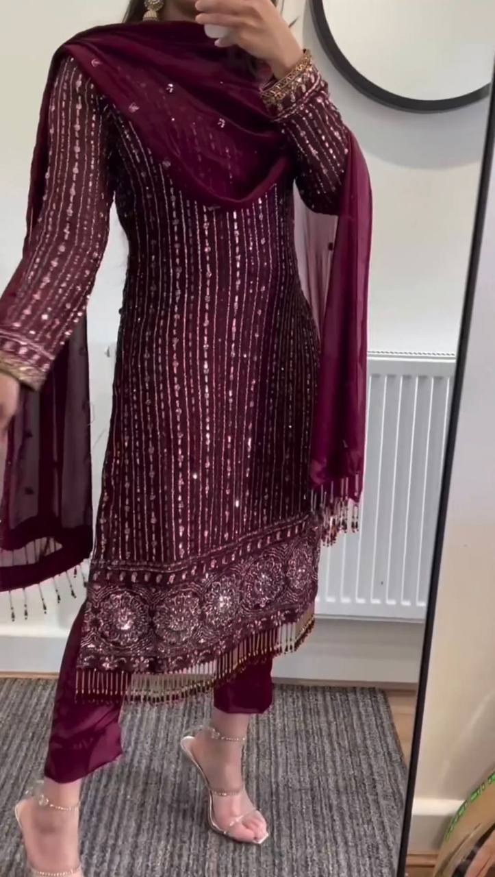 Designer Faux Georgette Top with Real Mirror, Sequins, and Latkan Work Pant and Dupatta Set - Jaipuri Vastra