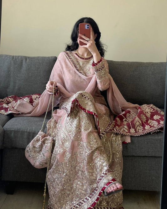 Graceful Light Pink Faux Georgette Top and Sharara Set with Fancy Lace Border - Jaipuri Vastra
