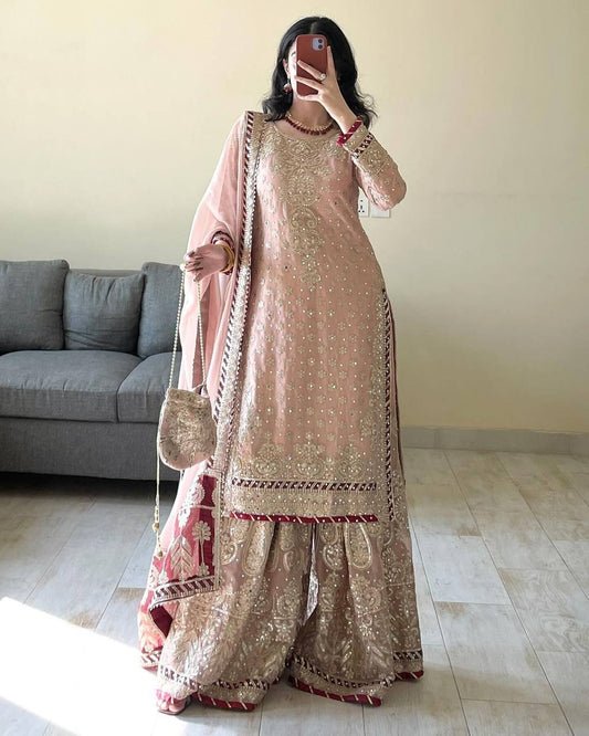 Graceful Light Pink Faux Georgette Top and Sharara Set with Fancy Lace Border - Jaipuri Vastra