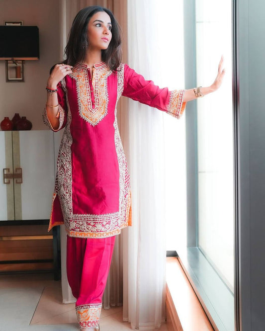 Premium Three-Piece Suit Set in Heavy Roman Silk with Detailed Thread Embroidery - Jaipuri Vastra