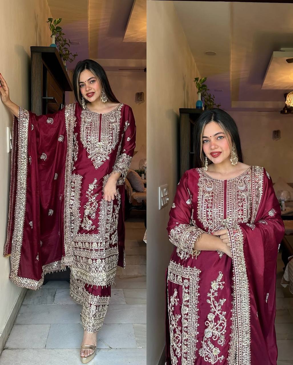 Designer Party Ready Pure Chinnon Top Bottom and Dupatta Set with Intricate Dori Coding and Sequence Work - Jaipuri Vastra