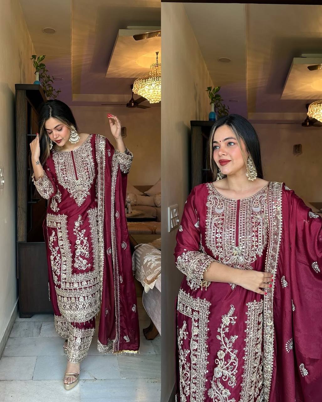 Designer Party Ready Pure Chinnon Top Bottom and Dupatta Set with Intricate Dori Coding and Sequence Work - Jaipuri Vastra