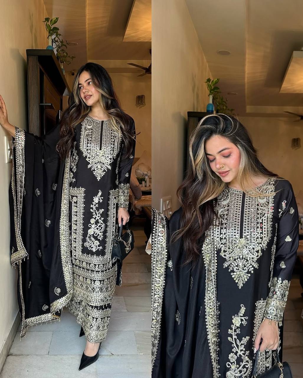 Designer Party Ready Pure Chinnon Top Bottom and Dupatta Set with Intricate Dori Coding and Sequence Work - Jaipuri Vastra