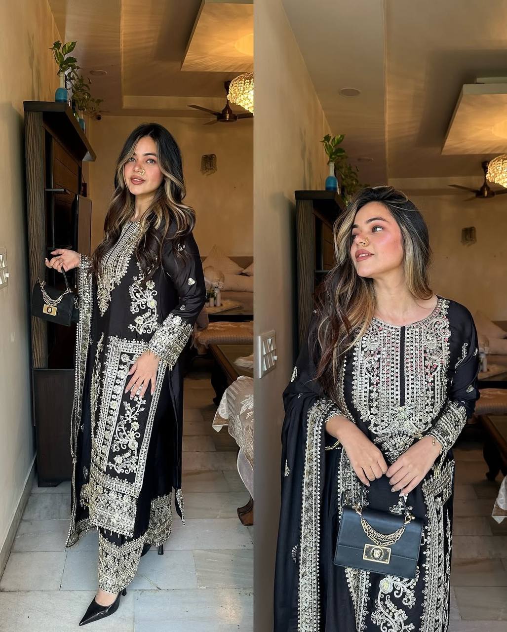 Designer Party Ready Pure Chinnon Top Bottom and Dupatta Set with Intricate Dori Coding and Sequence Work - Jaipuri Vastra