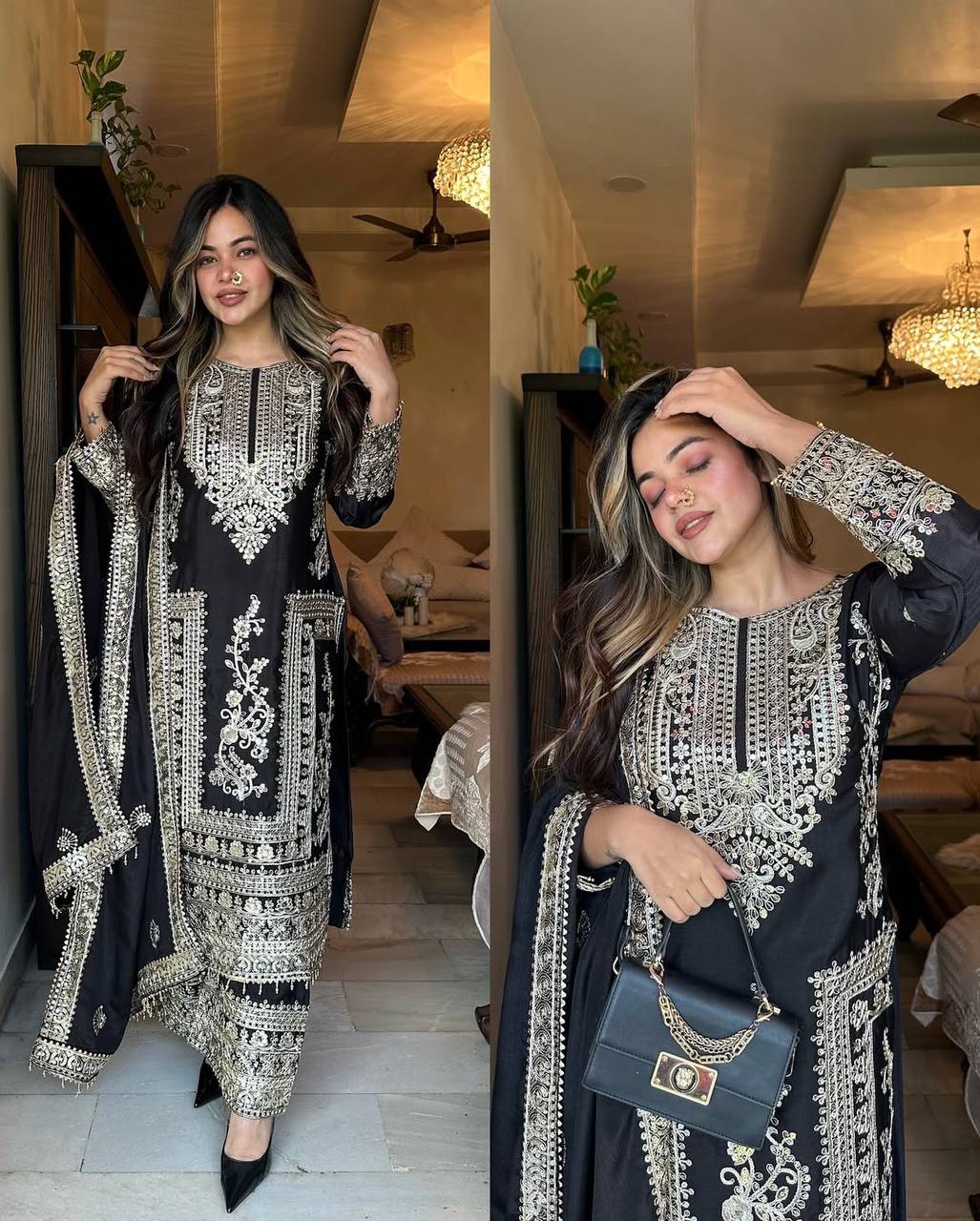 Designer Party Ready Pure Chinnon Top Bottom and Dupatta Set with Intricate Dori Coding and Sequence Work - Jaipuri Vastra