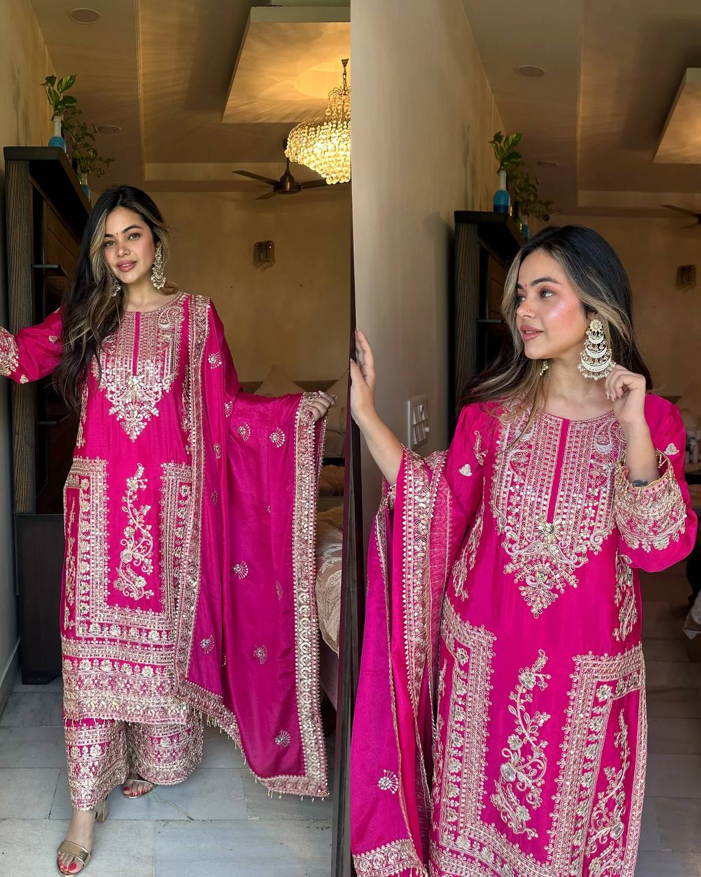 Designer Party Ready Pure Chinnon Top Bottom and Dupatta Set with Intricate Dori Coding and Sequence Work - Jaipuri Vastra