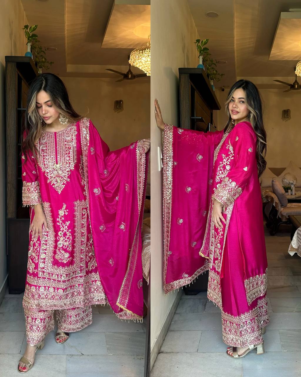 Designer Party Ready Pure Chinnon Top Bottom and Dupatta Set with Intricate Dori Coding and Sequence Work - Jaipuri Vastra