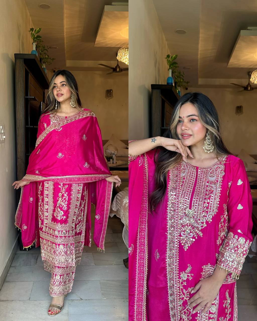 Designer Party Ready Pure Chinnon Top Bottom and Dupatta Set with Intricate Dori Coding and Sequence Work - Jaipuri Vastra
