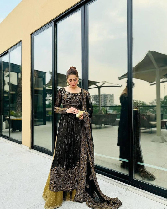 Luxe Black Faux Georgette Long Kurti Set with Palazzo and Dupatta for Special Occasions - Jaipuri Vastra