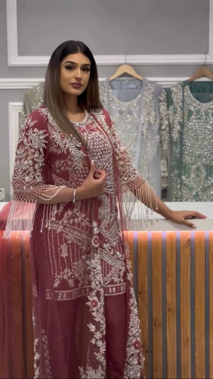 Premium Suit Set Featuring Sequin-Embroidered Net Koti, Fancy Lace Trim and Matching Bottom - Jaipuri Vastra