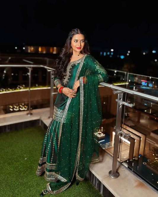 Ready-to-Wear Pure Chinnon Silk Three-Piece Set with Heavy Sequence Embroidery - Jaipuri Vastra