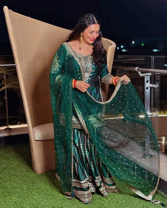 Ready-to-Wear Pure Chinnon Silk Three-Piece Set with Heavy Sequence Embroidery - Jaipuri Vastra