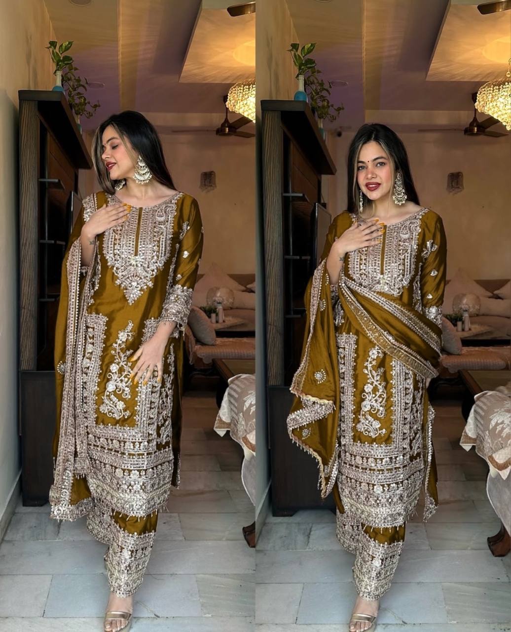 Designer Party Ready Pure Chinnon Top Bottom and Dupatta Set with Intricate Dori Coding and Sequence Work - Jaipuri Vastra