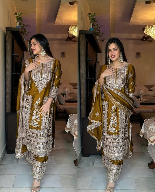 Designer Party Ready Pure Chinnon Top Bottom and Dupatta Set with Intricate Dori Coding and Sequence Work - Jaipuri Vastra