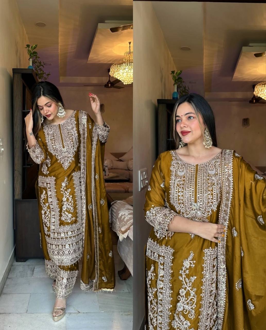 Designer Party Ready Pure Chinnon Top Bottom and Dupatta Set with Intricate Dori Coding and Sequence Work - Jaipuri Vastra