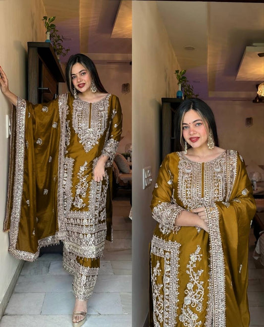 Designer Party Ready Pure Chinnon Top Bottom and Dupatta Set with Intricate Dori Coding and Sequence Work - Jaipuri Vastra