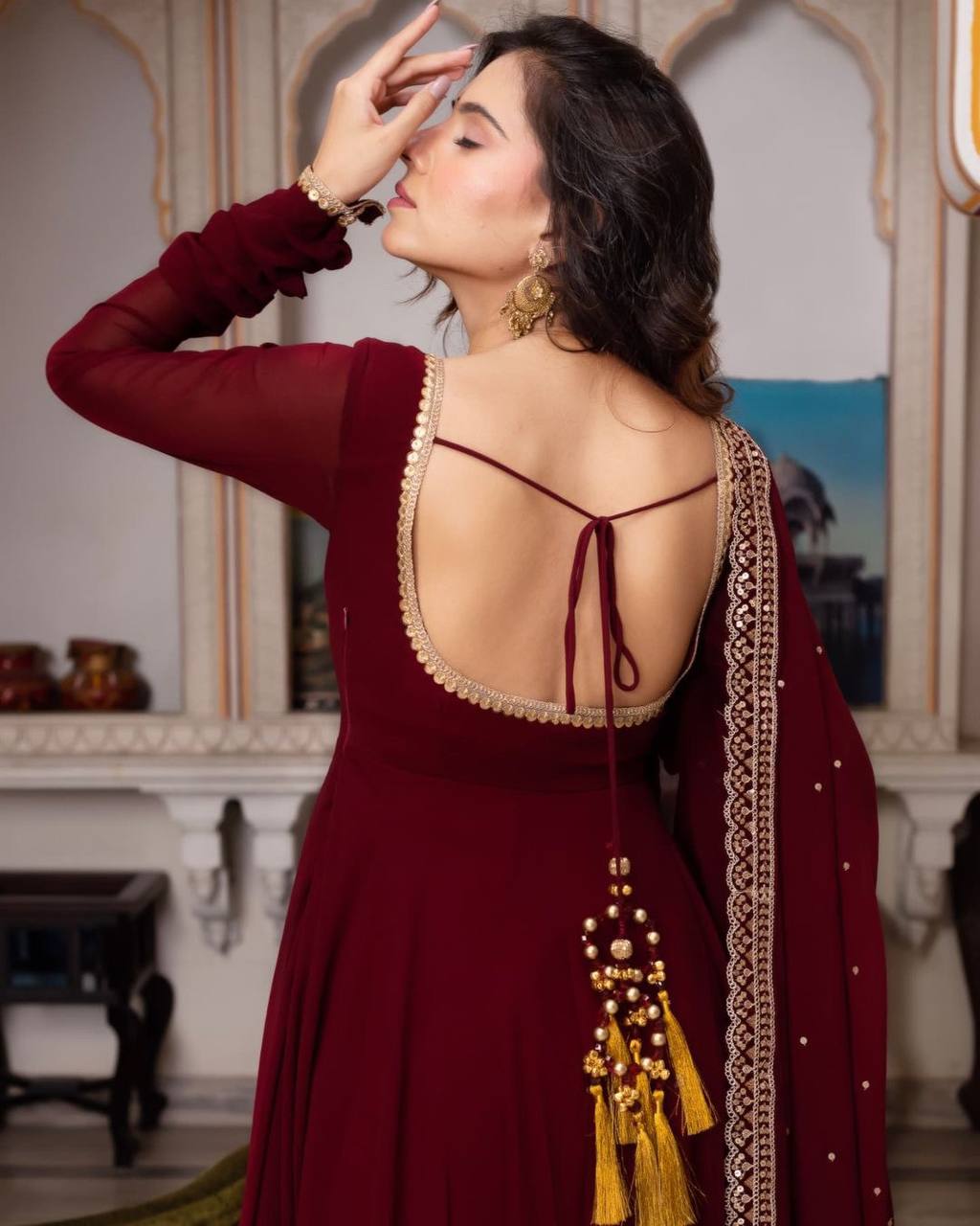 Designer Faux Georgette Gown with Embroidery Work and Matching Dupatta Fully Stitched Set - Jaipuri Vastra