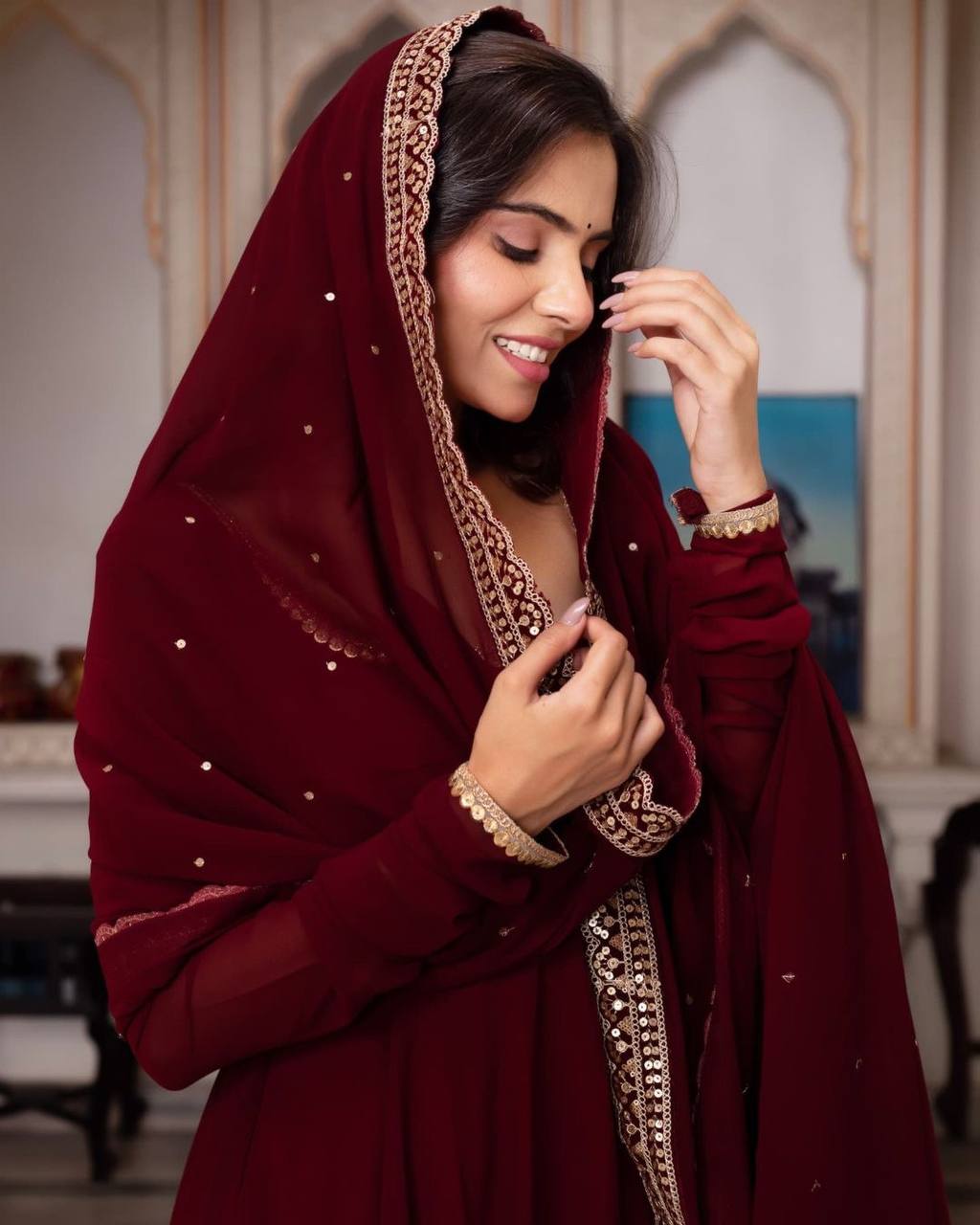Designer Faux Georgette Gown with Embroidery Work and Matching Dupatta Fully Stitched Set - Jaipuri Vastra