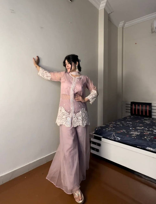 Exclusive Soft Organza Indo-Western Party Wear Set with Embroidered Blouse, Top, Circular Plazzo and Coordinated Dupatta