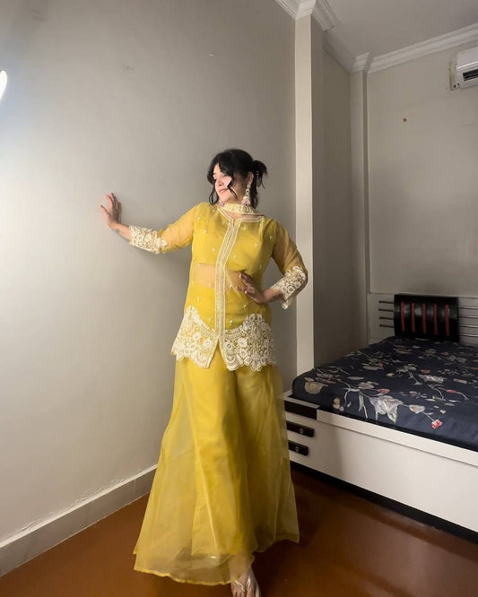 Exclusive Soft Organza Indo-Western Party Wear Set with Embroidered Blouse, Top, Circular Plazzo and Coordinated Dupatta