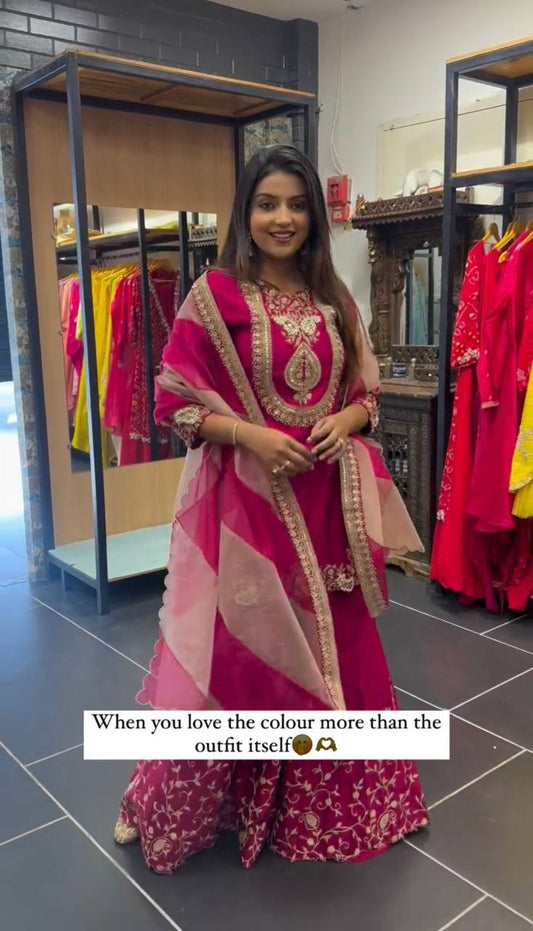 Fully Stitched Ready To Wear Faux Georgette Set with Heavy Embroidery Sequence Work Top Bottom and Dupatta - Jaipuri Vastra