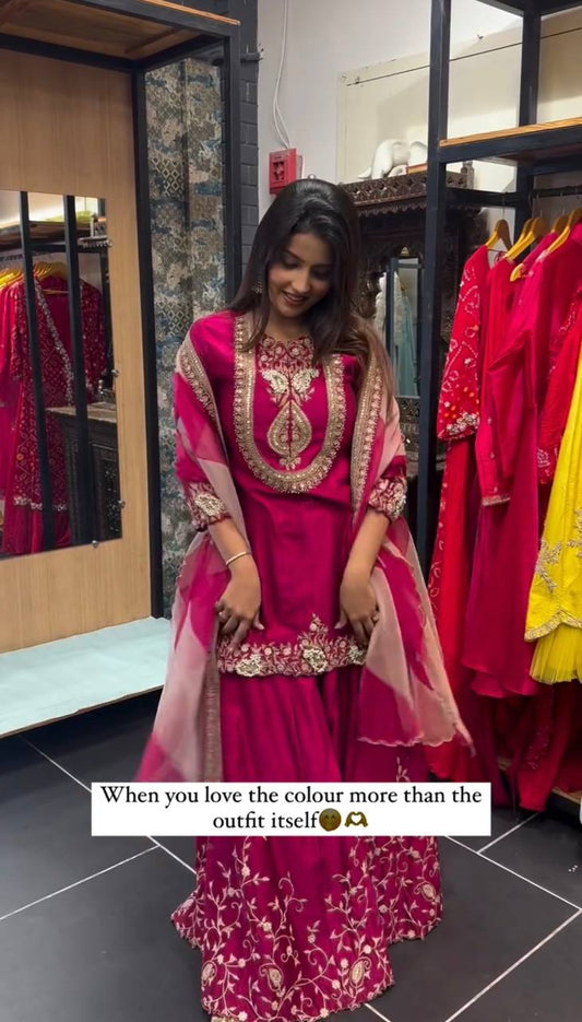 Fully Stitched Ready To Wear Faux Georgette Set with Heavy Embroidery Sequence Work Top Bottom and Dupatta - Jaipuri Vastra
