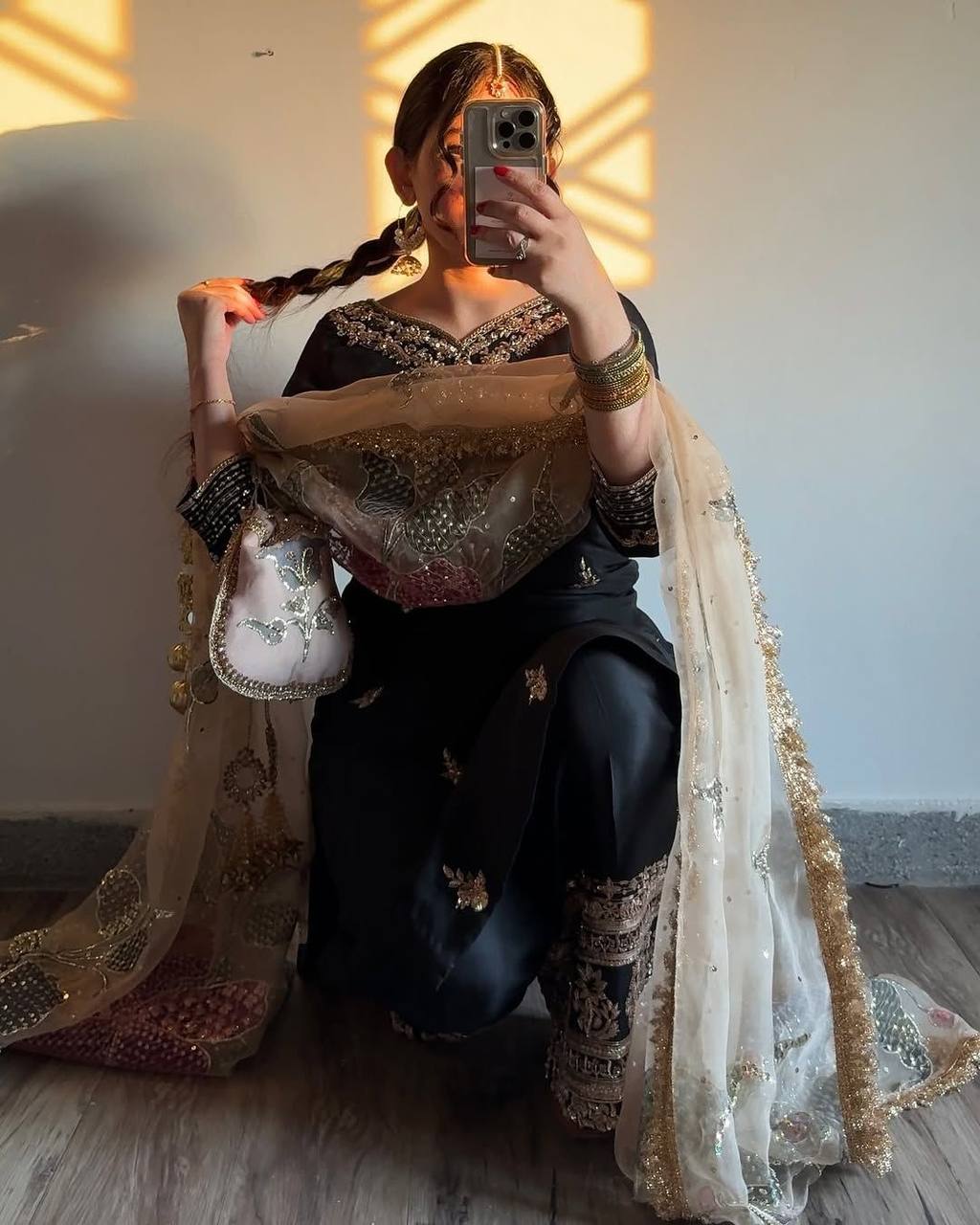 Premium Chinon Embroidery Suit with Coordinated Pant and Printed Organza Dupatta with Lace Detailing