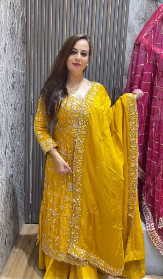 Stylish Yellow Occasion Set in Rich Vichitra Silk with Mirror-Finished Top and Flared Bottom - Jaipuri Vastra