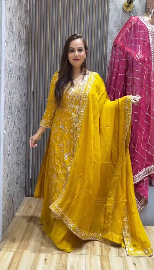 Stylish Yellow Occasion Set in Rich Vichitra Silk with Mirror-Finished Top and Flared Bottom - Jaipuri Vastra