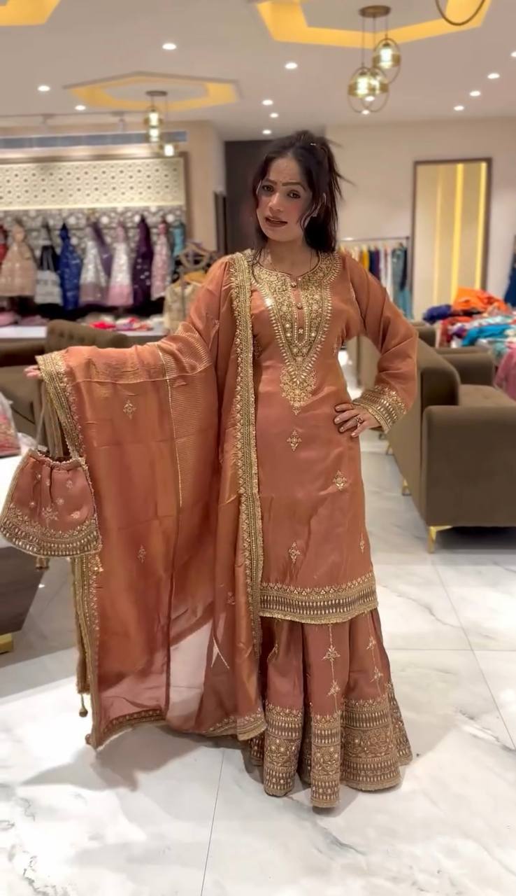 Ready To Wear Pure Chinnon Set with Heavy Sequence Embroidery Top Bottom and Dupatta - Jaipuri Vastra