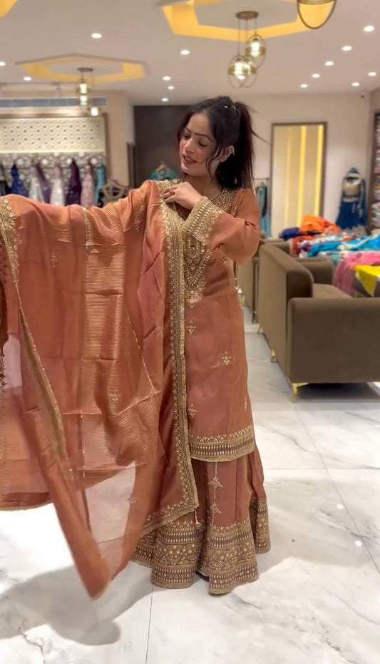 Ready To Wear Pure Chinnon Set with Heavy Sequence Embroidery Top Bottom and Dupatta - Jaipuri Vastra